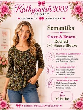 Semantiks Green and Brown Ruched 3/4 Sleeve Blouse